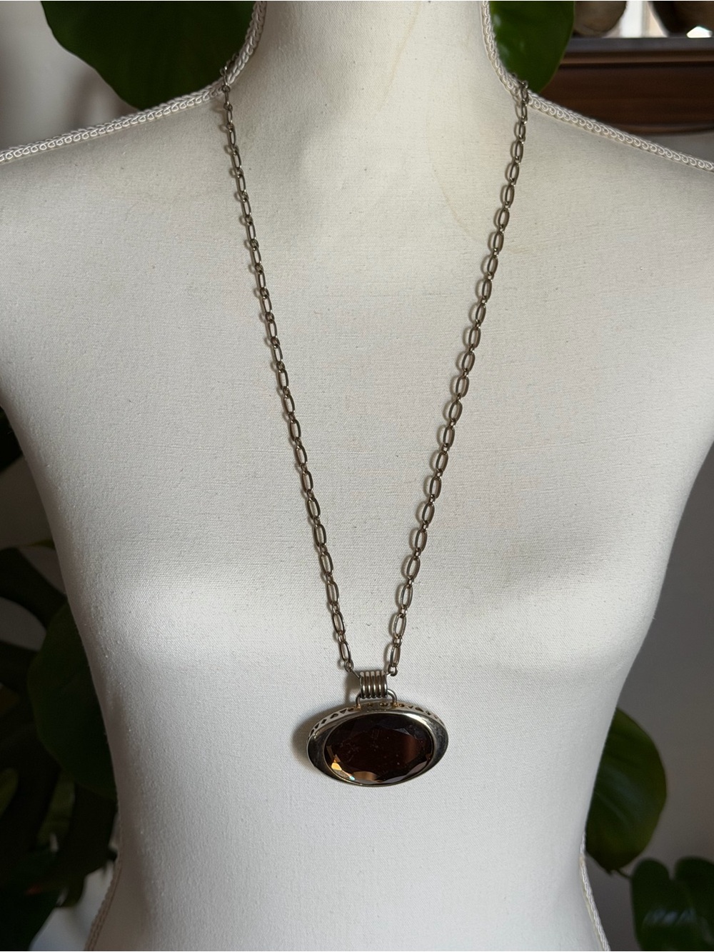 Vintage Gold-Tone & Brown Glass Large Oval Pendant Necklace